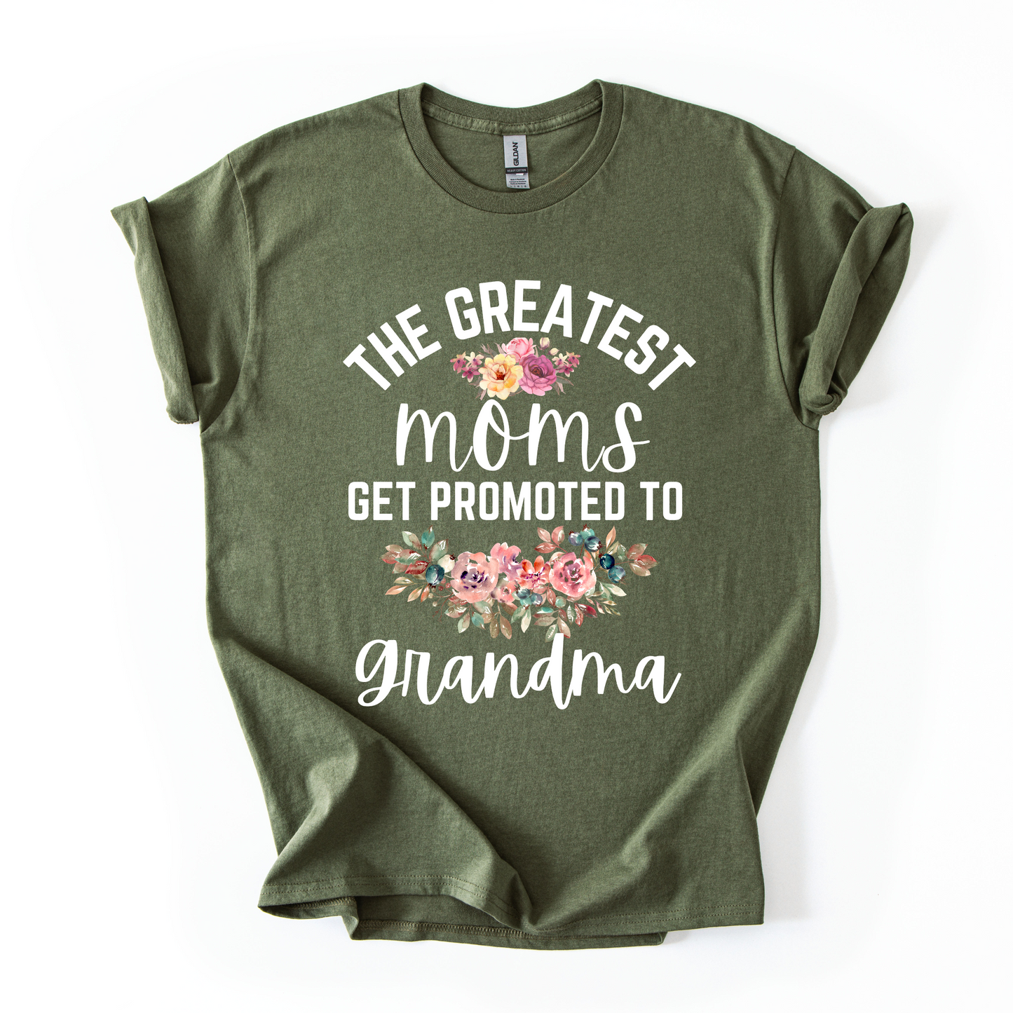 The Greatest Moms Get Promoted to Grandma T-Shirt – Heartfelt Floral Design